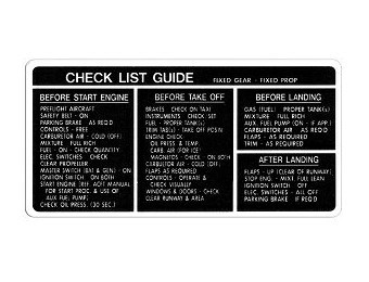 FIXED GEAR, FIXED PROP CHECKLIST PLACARD